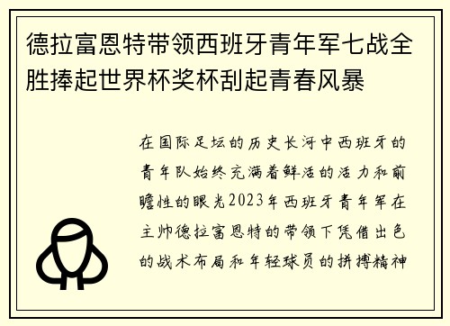 德拉富恩特带领西班牙青年军七战全胜捧起世界杯奖杯刮起青春风暴 德拉富恩特带领西班牙青年军七战全胜捧起世界杯奖杯刮起青春风暴
