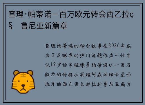 查理·帕蒂诺一百万欧元转会西乙拉科鲁尼亚新篇章
